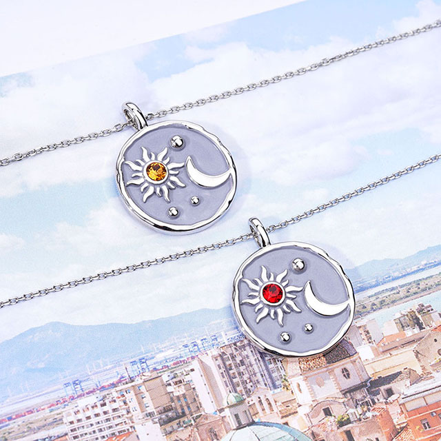 Sun and Moon Necklace with Birthstone for Women Silver Plated Dainty Coin Necklace Textured Sun Crescent Moon Medallion Pendant Coin Necklaces for Women Girls Birthday Jewelry Gift