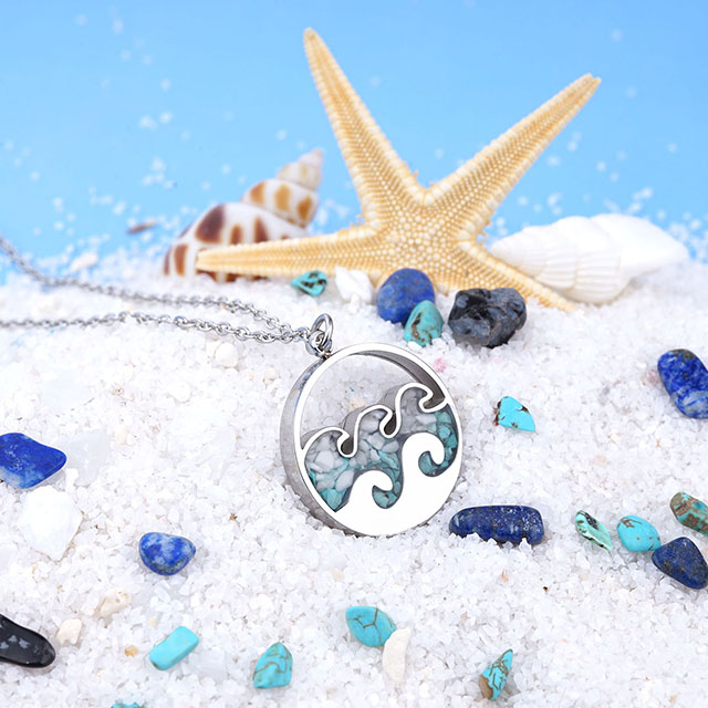 Turquoise Gemstone Necklace Ocean Wave Bar Pendant for Women Girls Surfer Beach Jewelry Gifts
