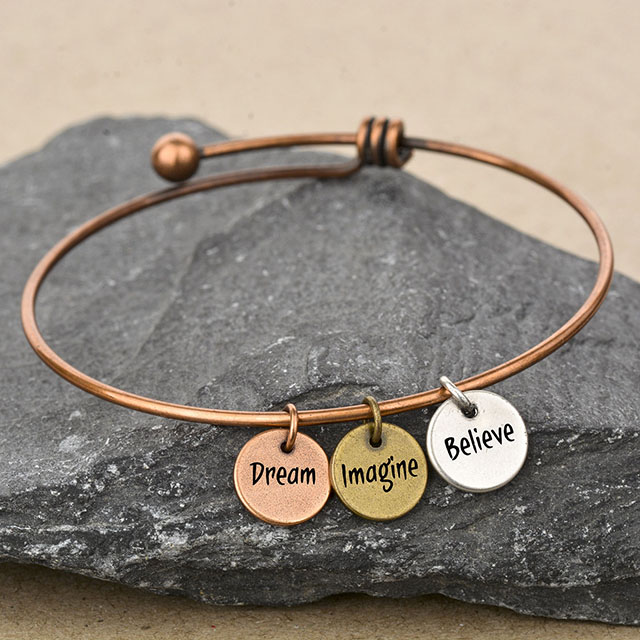 Inspirational Custom Charm Bracelet for Women, Engraved Expandable Real Antique Real Rose Gold Bangle Disc Charm Bracelets Motivational Personalized Gifts for Her 