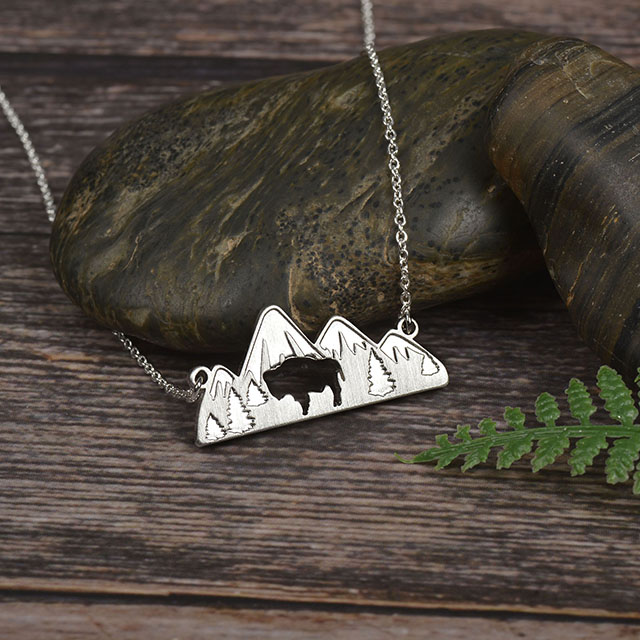 Mountain Necklace for Women Silver Plated Animal Cutout Forest Tree Mountain Range Pendant Necklace Nature Jewelry Gift for Skiers Hikers Nature Lovers