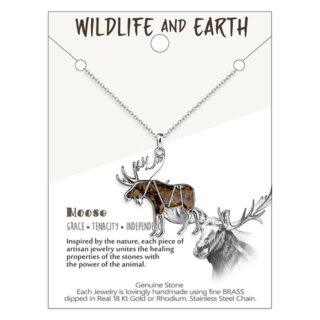 Gemstone Animal Necklace Turquoise Tiger's Eye Tumbled Chips Animal Pendant Necklace Moose Goat Deer Wildlife Nature Jewelry Gift for Women Men