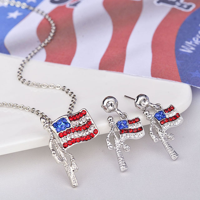 American Flag Stars Stripes Pendant Chain Necklace USA Flag Earrings Set 