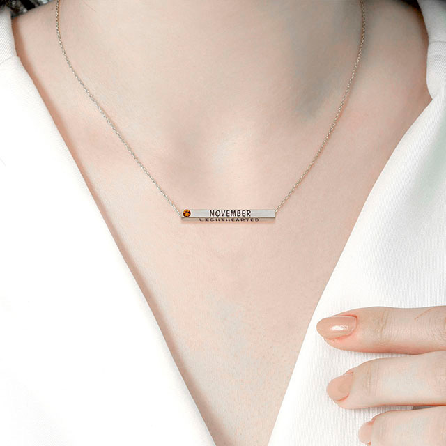 Birth Month Necklace plated real matt silver with Birthstone 4 Sided Horizontal Bar Pendant Charm Chain Necklace
