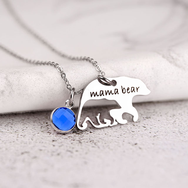 Mama Bear 12 Birthstone Necklace for Women Silver Plated Alaska Mama Bear 
