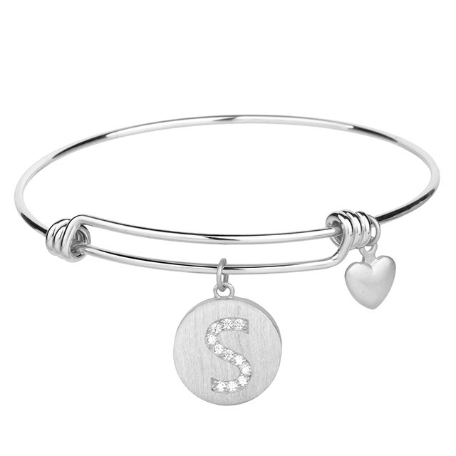 Expandable Cubic Zirconia Round Disc Initial Bracelet 