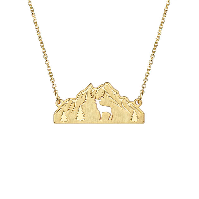 Mountain Necklace for Women Gold Plated Animal Cutout Forest Tree Mountain Range Pendant Necklace Nature Jewelry Gift for Skiers Hikers Nature Lovers