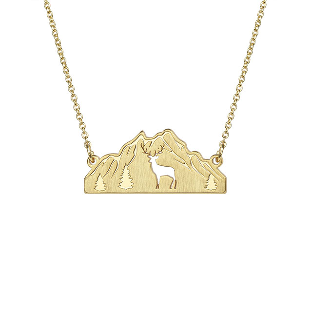 Mountain Necklace for Women Gold Plated Animal Cutout Forest Tree Mountain Range Pendant Necklace Nature Jewelry Gift for Skiers Hikers Nature Lovers