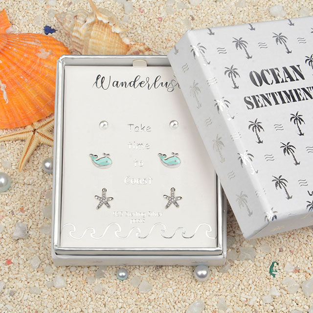 3 Pairs Beach Stud Earrings for Women 925 Sterling Silver Post Earrings