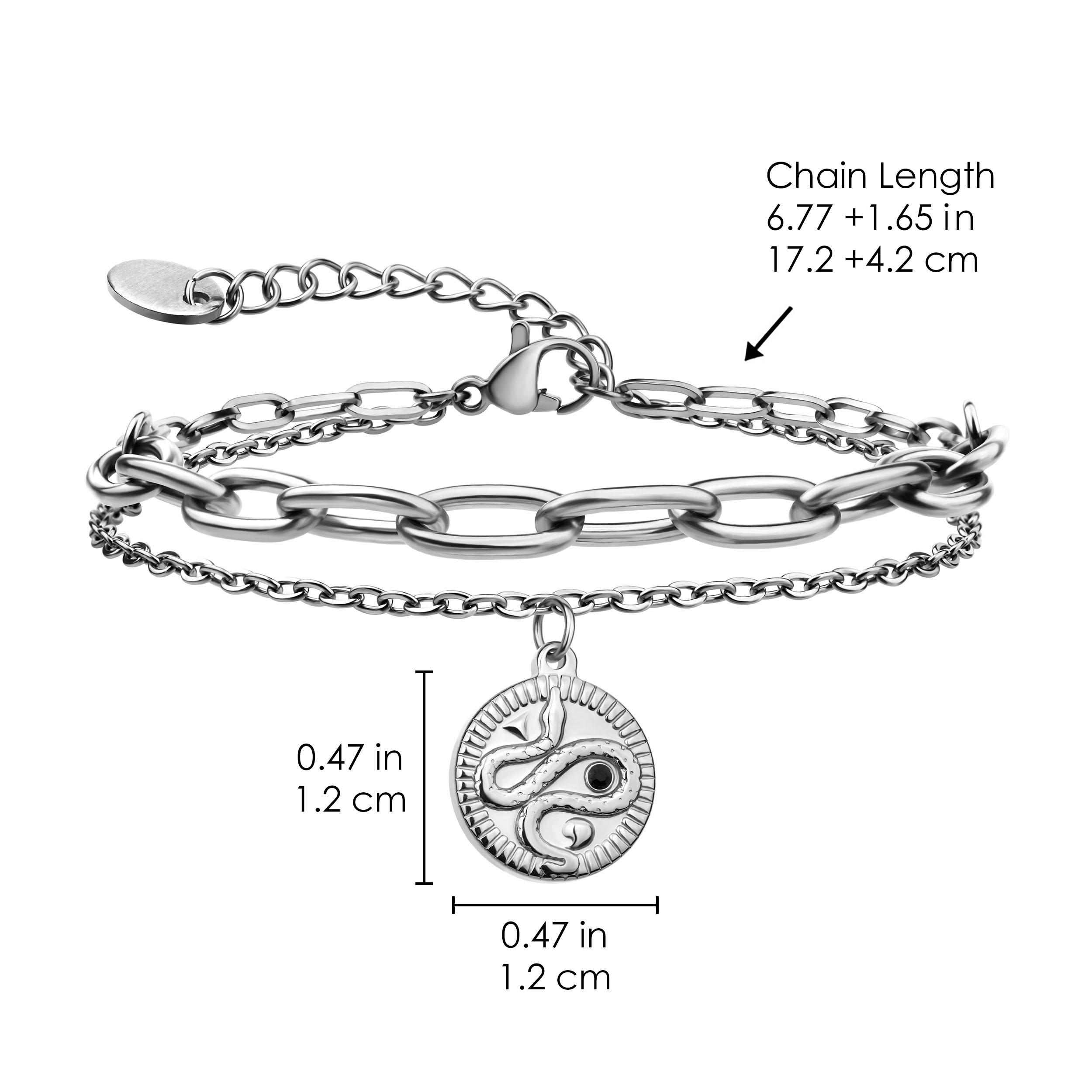 Double Link Chain Round Disc Snake Relief Print Pendant Bracelet 