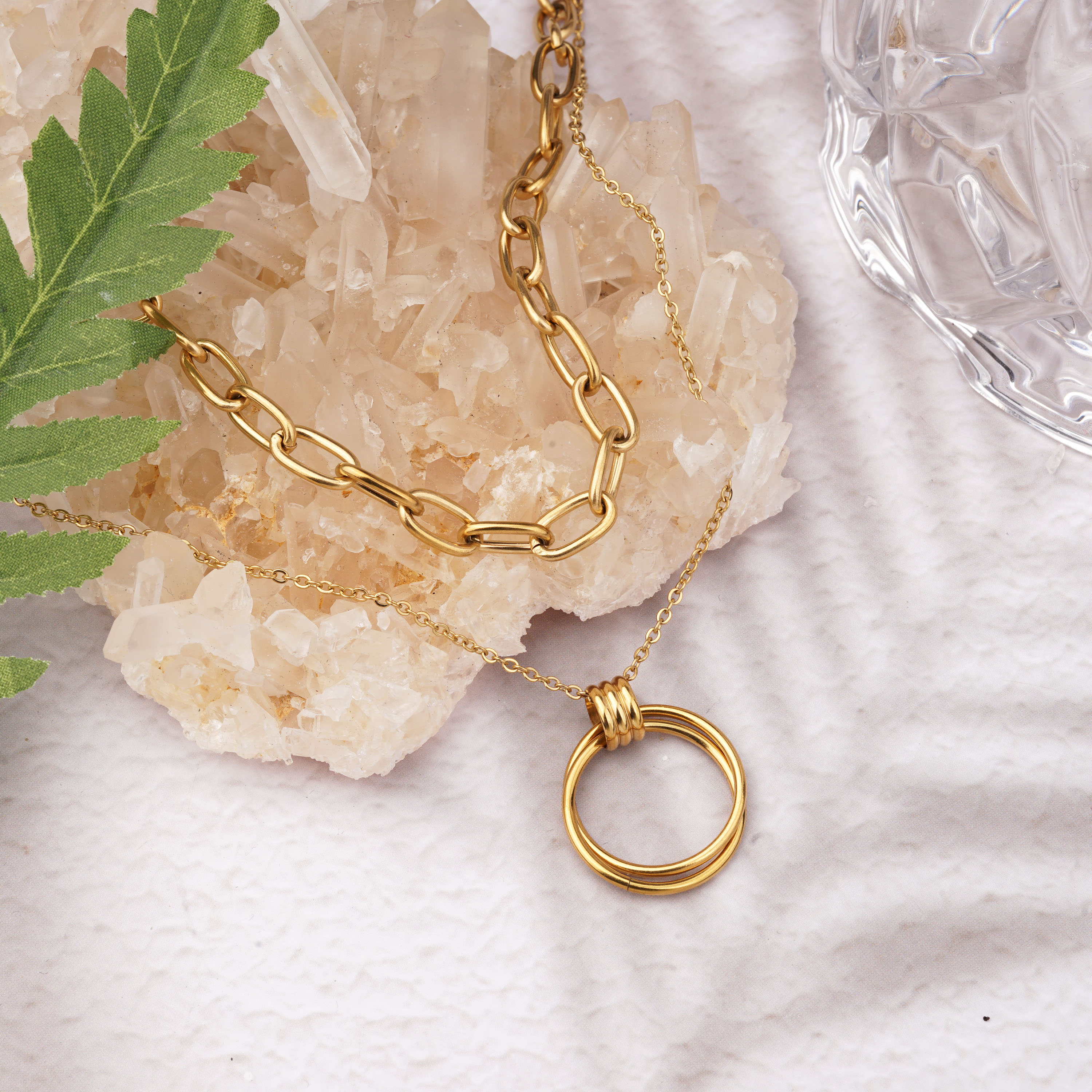 Custom Gold Plated Double Layer Stainless Steel Hollow Round Necklace 