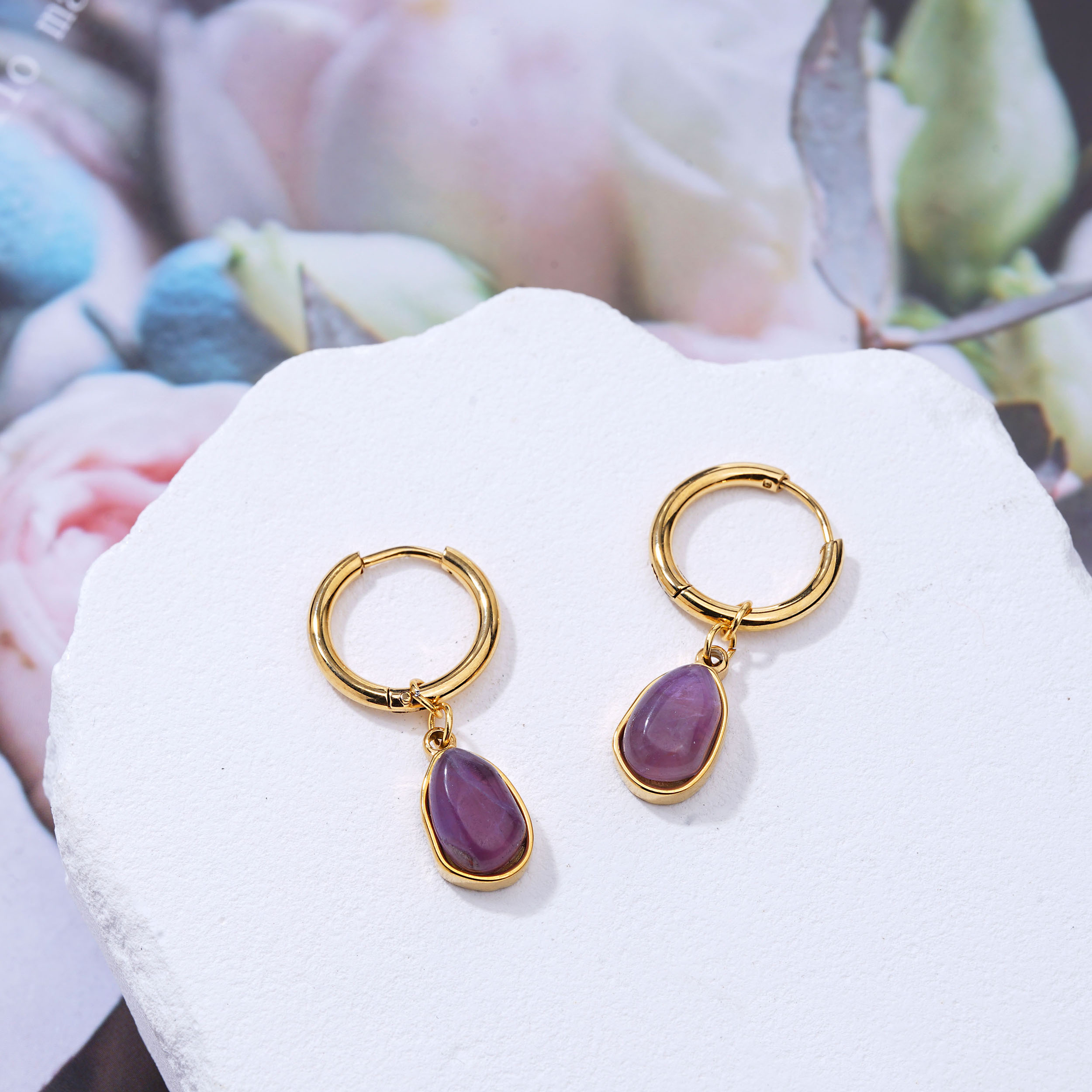 Custom Stainless Steel Natural Stone Oval Pendant Earring