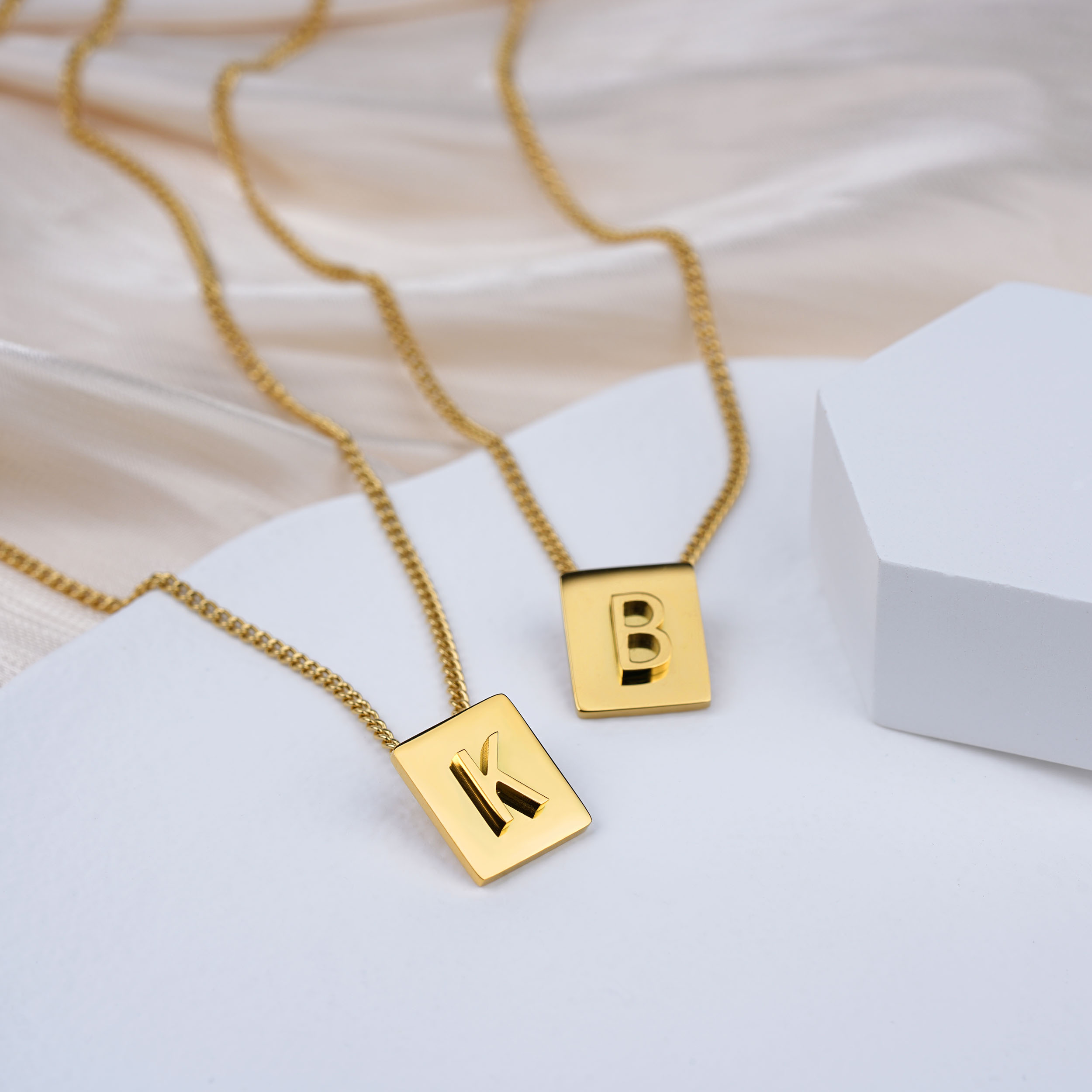 Capital A- Z Stainless Steel Chain For Women Initial Letter Square Pendant Necklace