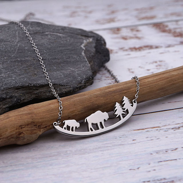 Cute Moose Elk Bear Wolf Animal Mountain and Tree Pendant Curved Bar Necklace 