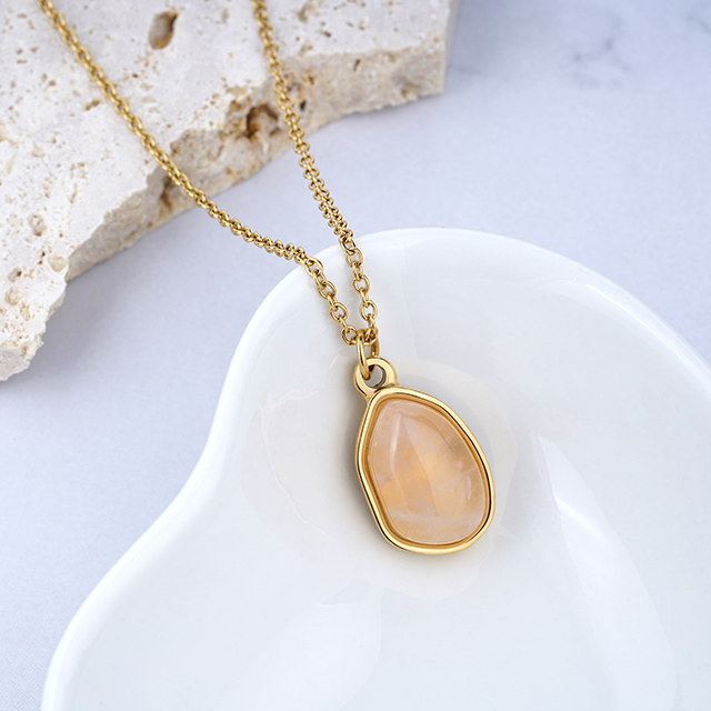 18K Gold Plated Custom Stainless Steel Necklace Natural Stone Oval Pendant Necklace