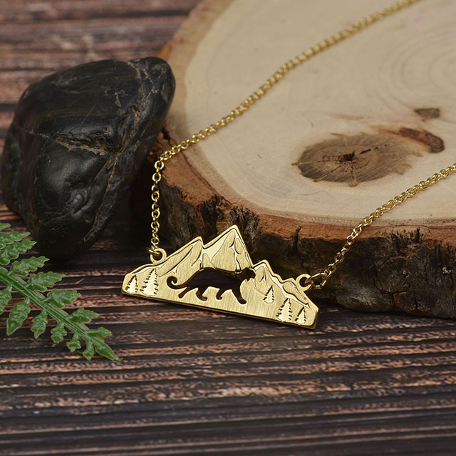 Mountain Necklace for Women Gold Plated Animal Cutout Forest Tree Mountain Range Pendant Necklace Nature Jewelry Gift for Skiers Hikers Nature Lovers