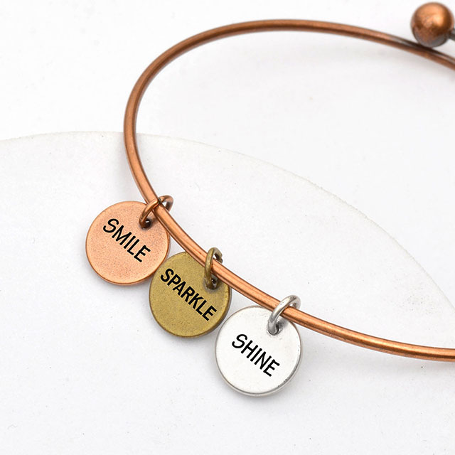 Inspirational Custom Charm Bracelet for Women, Engraved Expandable Real Antique Real Rose Gold Bangle Disc Charm Bracelets Motivational Personalized Gifts for Her 