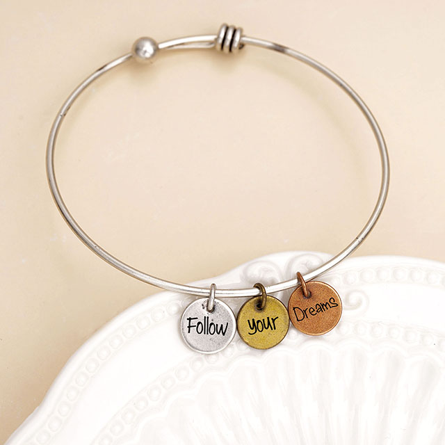 Inspirational Custom Charm Bracelet for Women, Engraved Expandable Real Antique Silver Bangle Disc Charm Bracelets Motivational Personalized Gifts for Her 