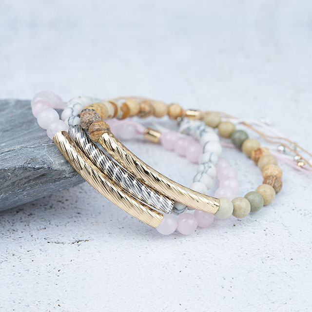 Adjustable Crystal Gemstone Beaded Stackable Agate Howlite Turquoise Rose Quartz Beaded Bracelet 