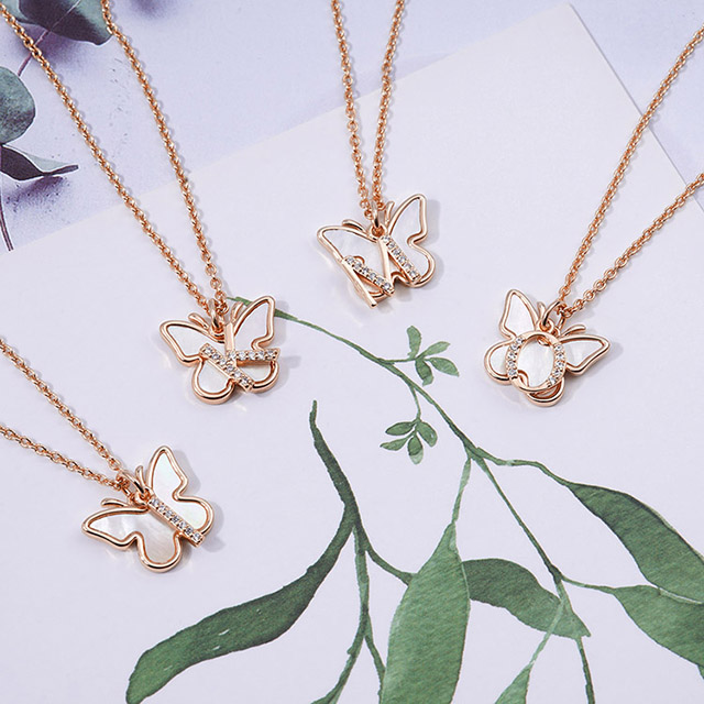 Butterfly Initial Necklace for Women Mother of Pearl Shell Butterfly Pendant Necklace with Cubic Zirconia 26 Letter Alphabet Butterfly Charm 