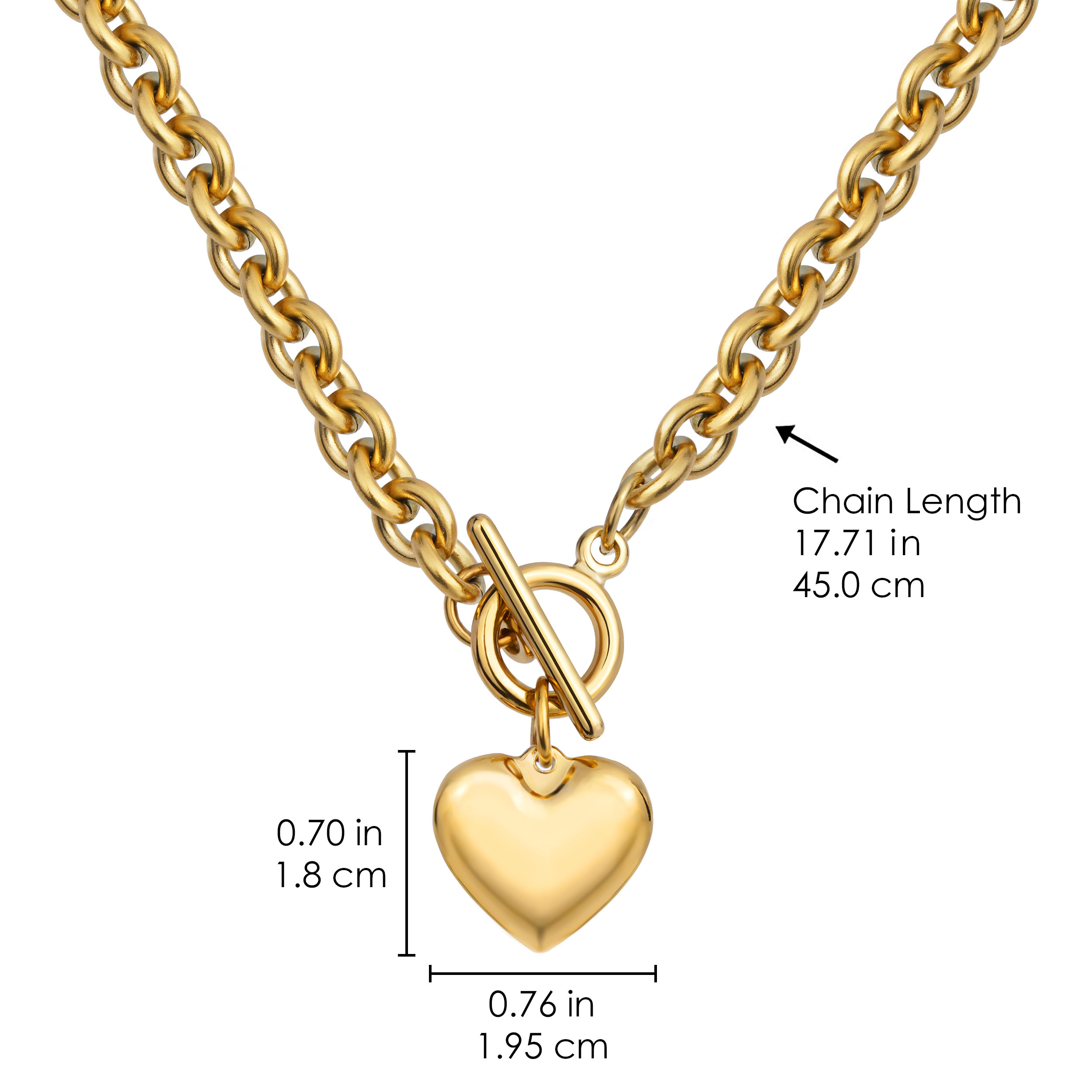 18K Gold Plated Stainless Steel Chunky Love Heart Pendant Necklace 