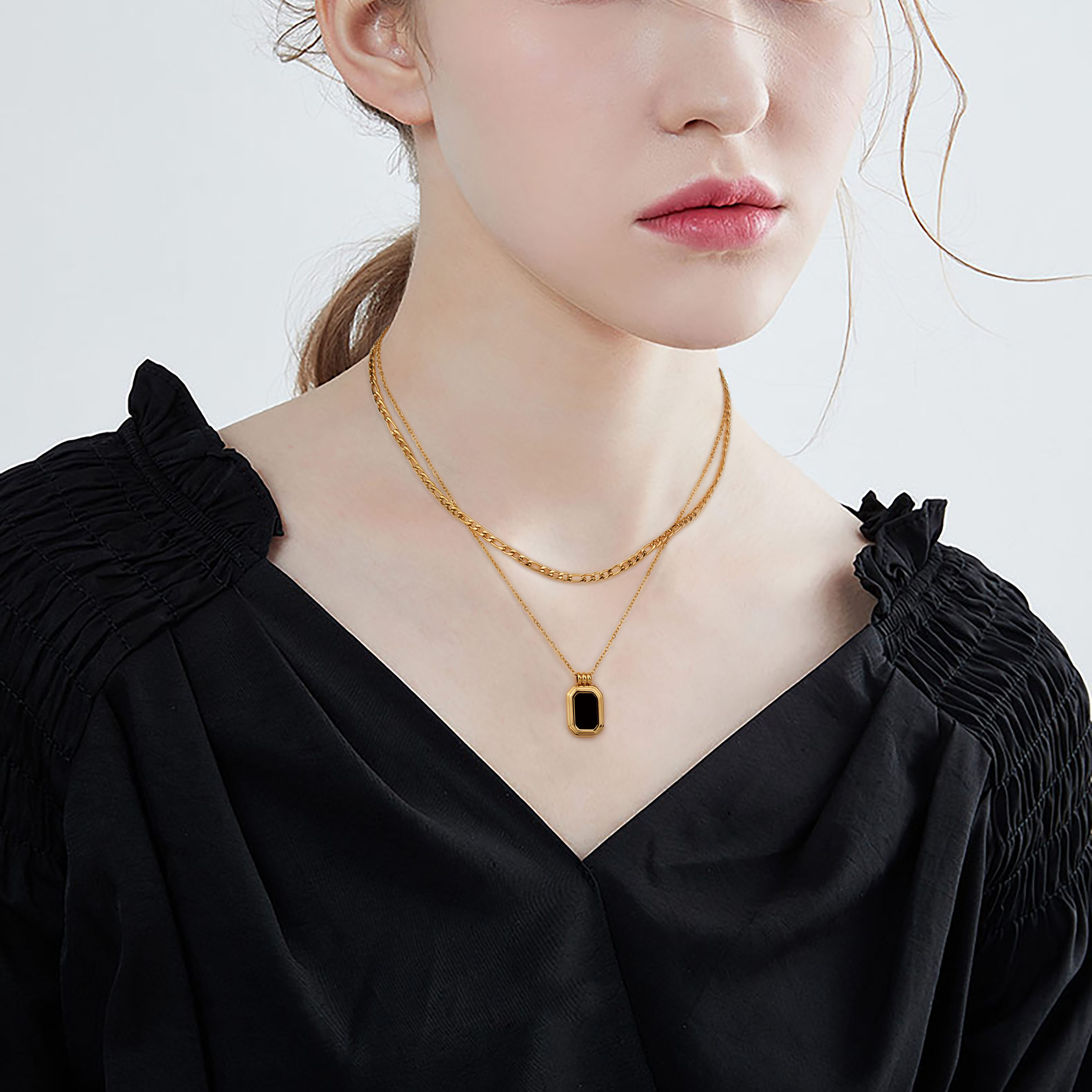 Stainless Steel 2 Layered Figaro Chain With Square Black Enamel Pendant Necklace 