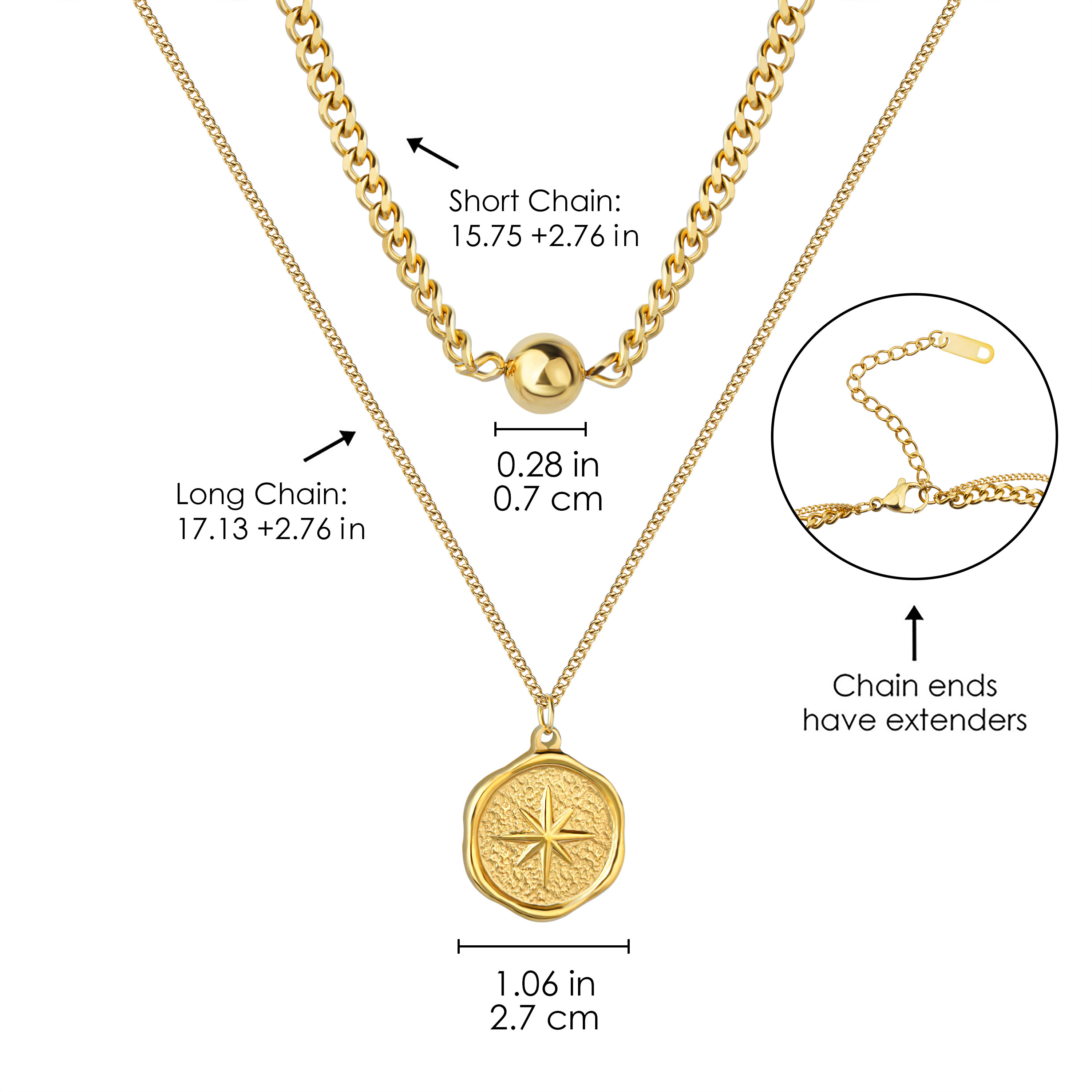 Double Layer Stainless Steel Star Celestial Coin Pendant Necklace