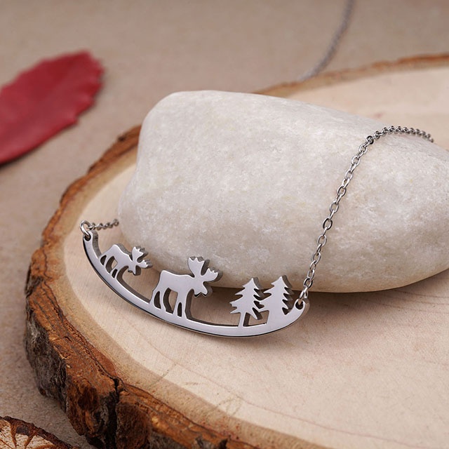 Cute Moose Elk Bear Wolf Animal Mountain and Tree Pendant Curved Bar Necklace 