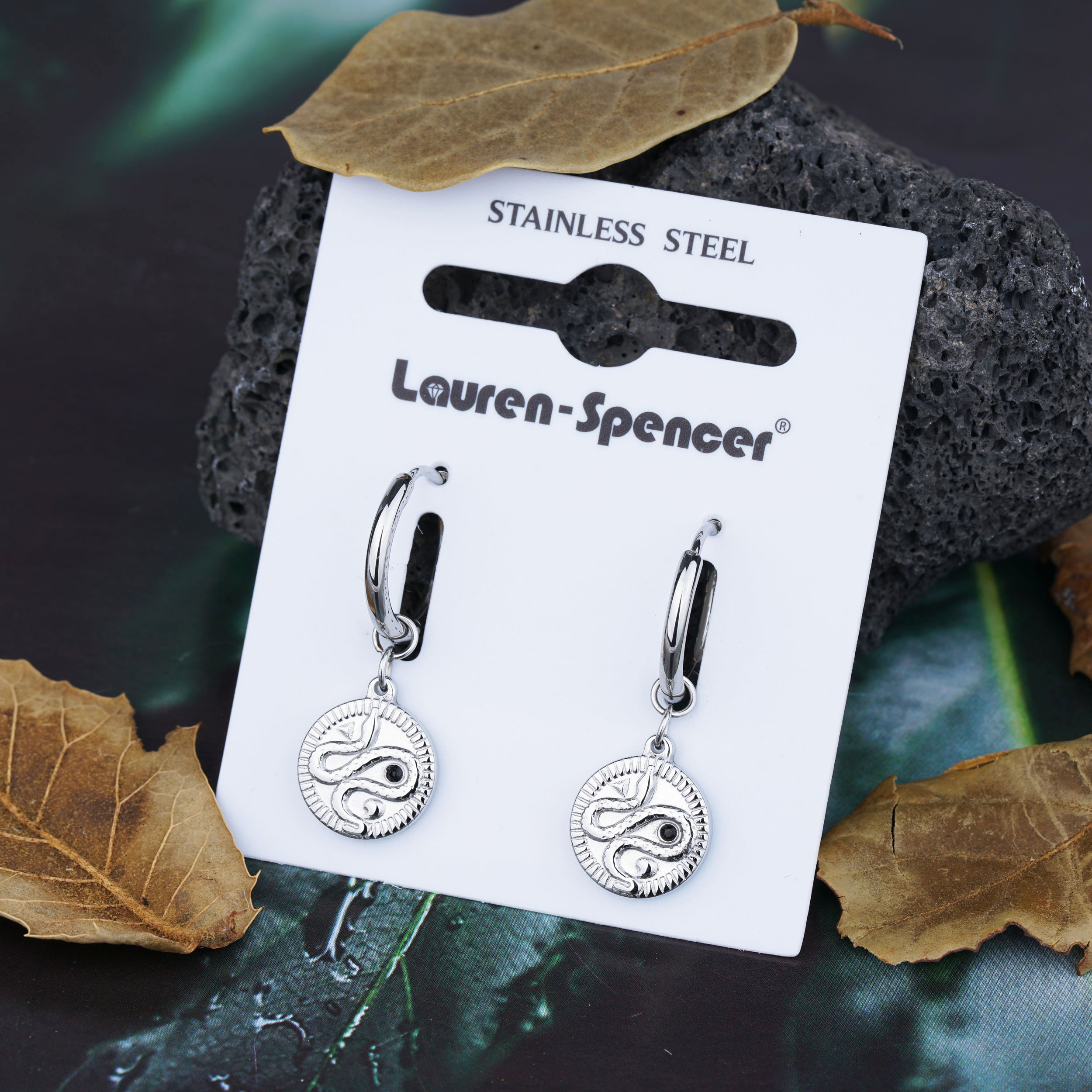 Round Plate Snake Earring Vintage Stainless Steel Diamond Coin Shape Earring