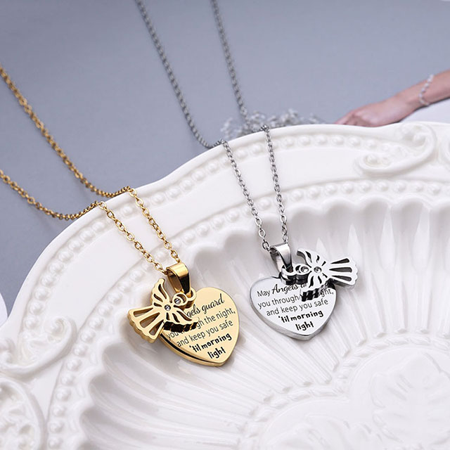 Engraved Stainless Steel Heart Angel Hugs Necklace 