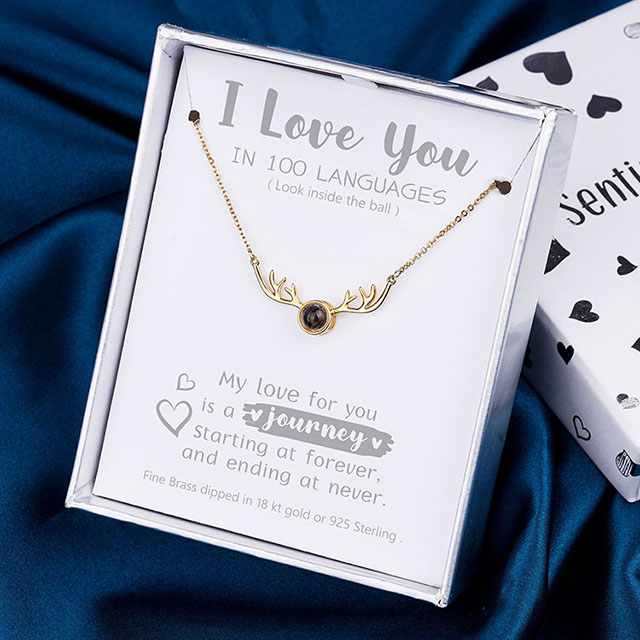 I Love You Necklace 100 Languages ​​Projection Necklace Deer Antlers Love Heart Pendant Necklace 