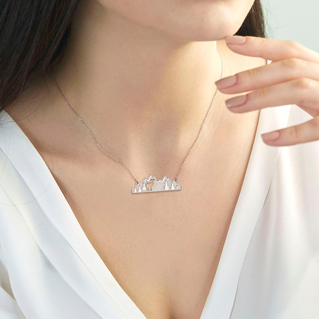 Mountain Necklace for Women Silver Plated Animal Cutout Forest Tree Mountain Range Pendant Necklace Nature Jewelry Gift for Skiers Hikers Nature Lovers