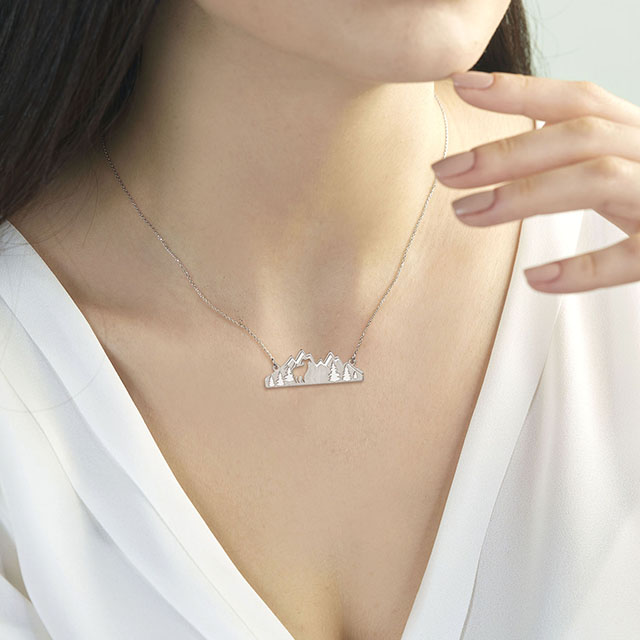 Mountain Necklace for Women Silver Plated Animal Cutout Forest Tree Mountain Range Pendant Necklace Nature Jewelry Gift for Skiers Hikers Nature Lovers