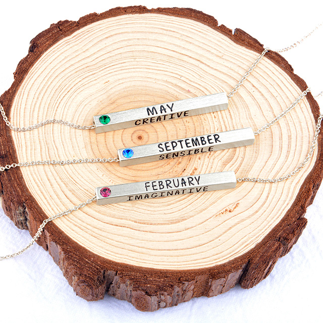 Birth Month Necklace plated real matt silver with Birthstone 4 Sided Horizontal Bar Pendant Charm Chain Necklace