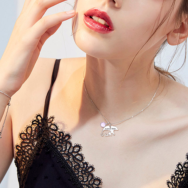 Mama Bear 12 Birthstone Necklace for Women Silver Plated Alaska Mama Bear 