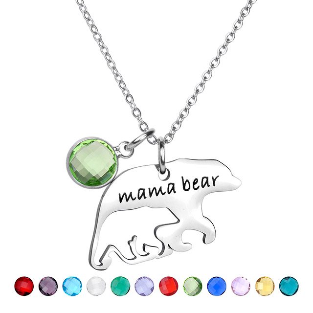 Mama Bear 12 Birthstone Necklace for Women Silver Plated Alaska Mama Bear 