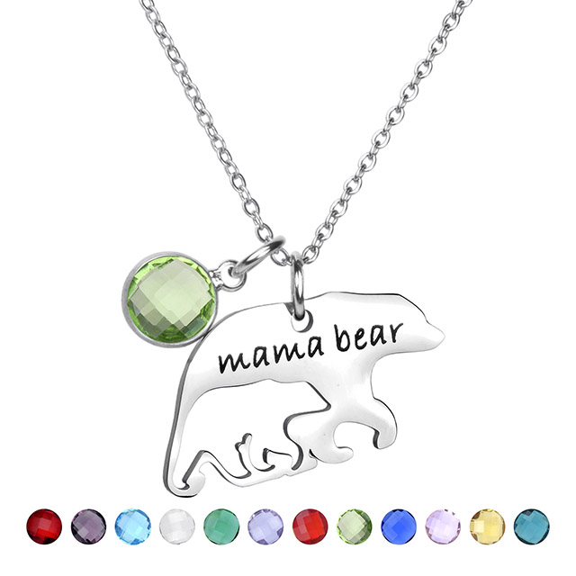 Mama Bear 12 Birthstone Necklace for Women Silver Plated Alaska Mama Bear 