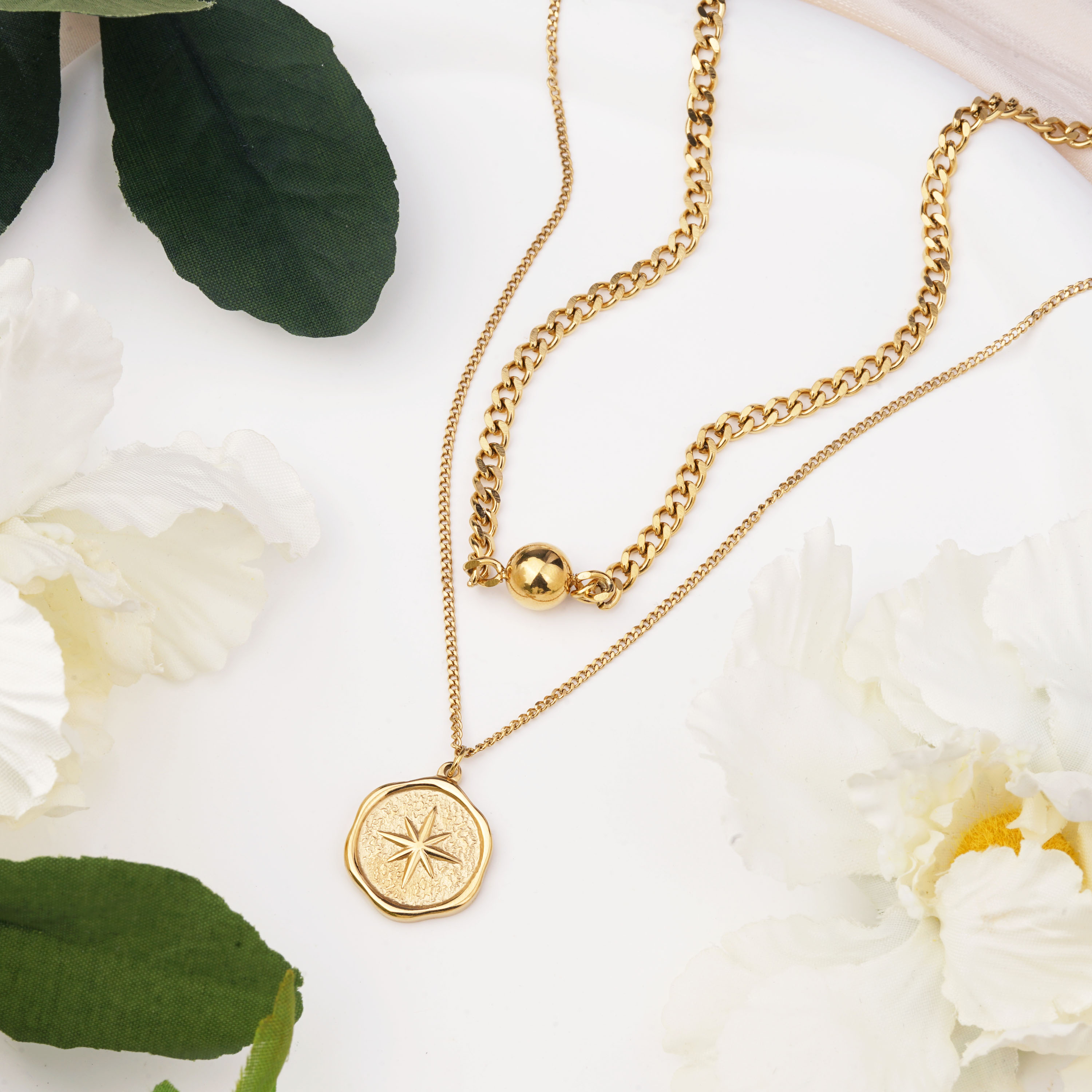Double Layer Stainless Steel Star Celestial Coin Pendant Necklace