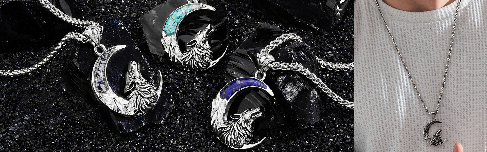 Mens gifts,Real Genuine Stone,Necklace,Moon,Wolf,Wildlife-140_X-Model