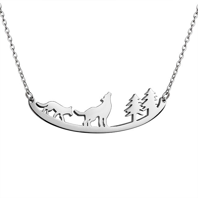 Cute Moose Elk Bear Wolf Animal Mountain and Tree Pendant Curved Bar Necklace 