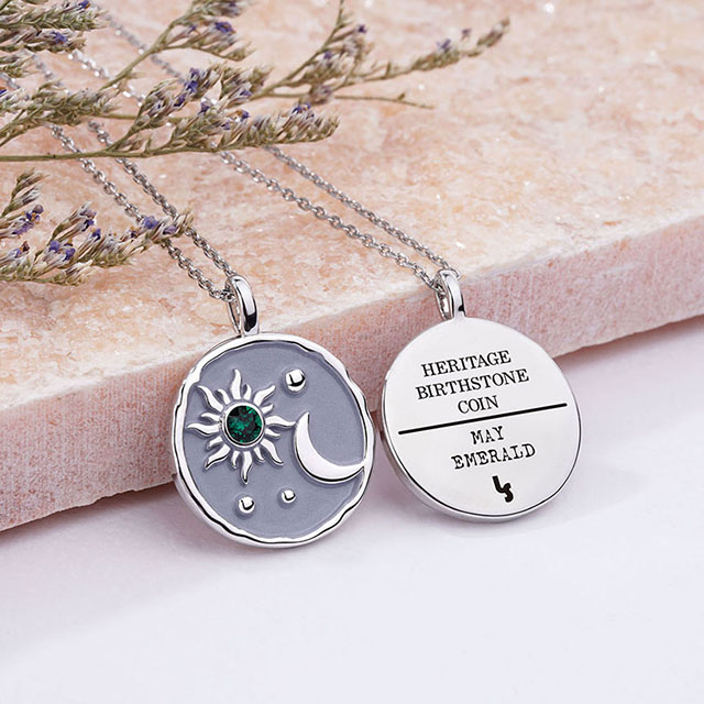 Sun and Moon Necklace with Birthstone for Women Silver Plated Dainty Coin Necklace Textured Sun Crescent Moon Medallion Pendant Coin Necklaces for Women Girls Birthday Jewelry Gift