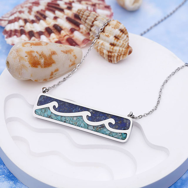 Turquoise Gemstone Necklace Ocean Wave Bar Pendant for Women Girls Surfer Beach Jewelry 