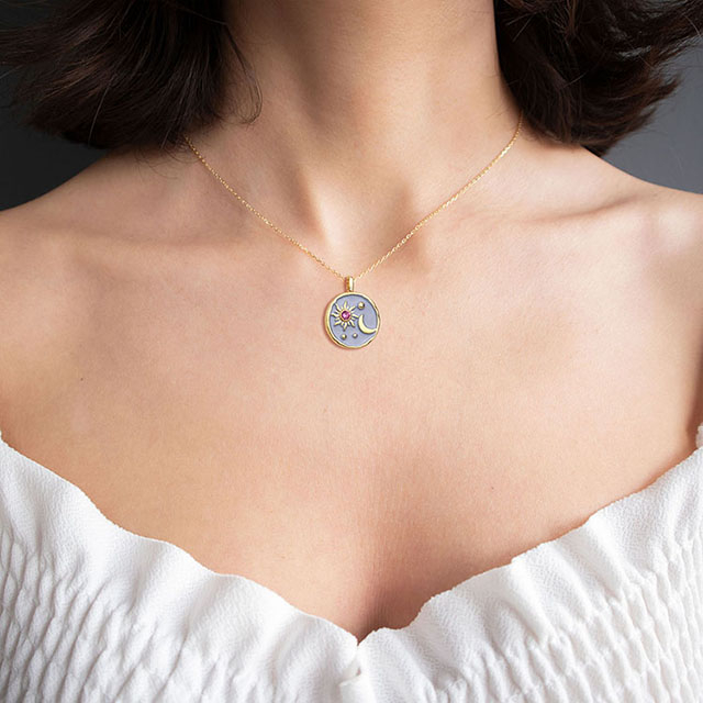 Sun and Moon Necklace with Birthstone for Women Gold Plated Dainty Coin Necklace Textured Sun Crescent Moon Medallion Pendant Coin Necklaces for Women Girls Birthday Jewelry Gift 