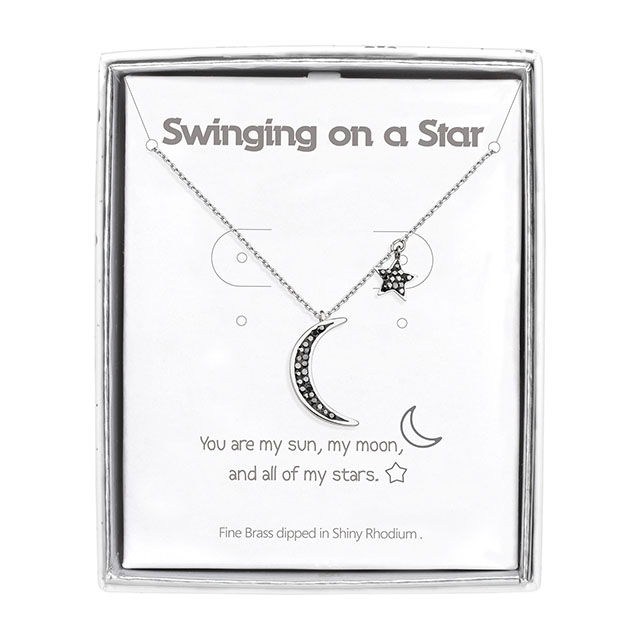 Moon and Star Necklace for Women Silver Plated Dainty Black Crystal Moon Necklaces Crescent Moon Star Geometric Pendant Necklace Jewelry Gift