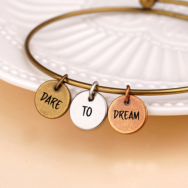 Inspirational Custom Charm Bracelet for Women, Engraved Expandable Wire Bangle Disc Charm Bracelets Motivational Personalized Gifts for Her
