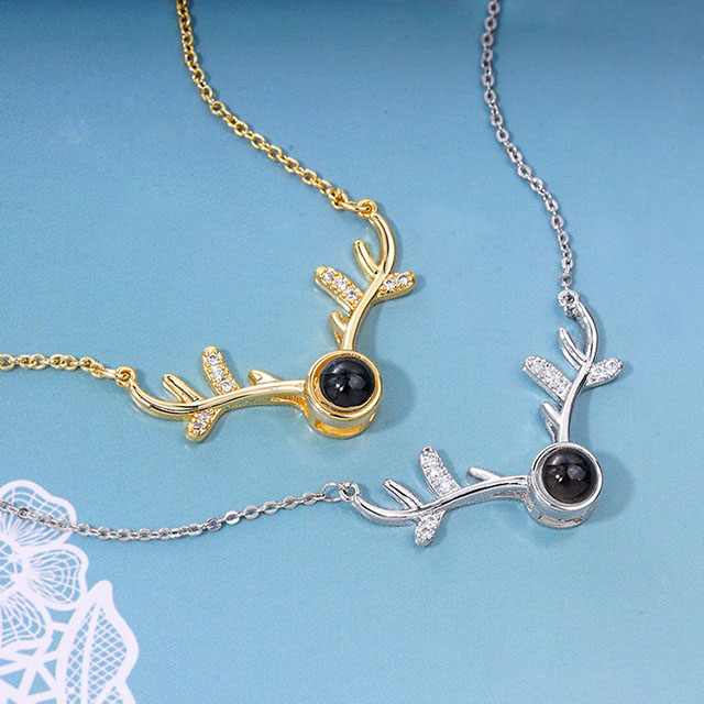I Love You Necklace 100 Languages ​​Projection Necklace Deer Antlers Love Heart Pendant Necklace 