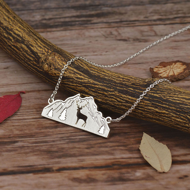 Mountain Necklace for Women Silver Plated Animal Cutout Forest Tree Mountain Range Pendant Necklace Nature Jewelry Gift for Skiers Hikers Nature Lovers
