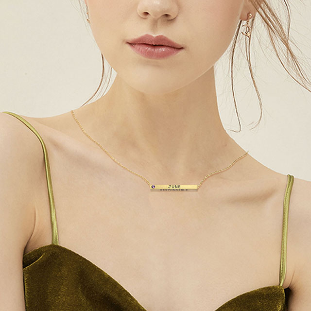 Birth Month Necklace plated real matt gold with Birthstone 4 Sided Horizontal Bar Pendant Charm Chain Necklace 