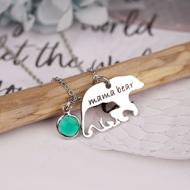 Mama Bear 12 Birthstone Necklace for Women Silver Plated Alaska Mama Bear 
