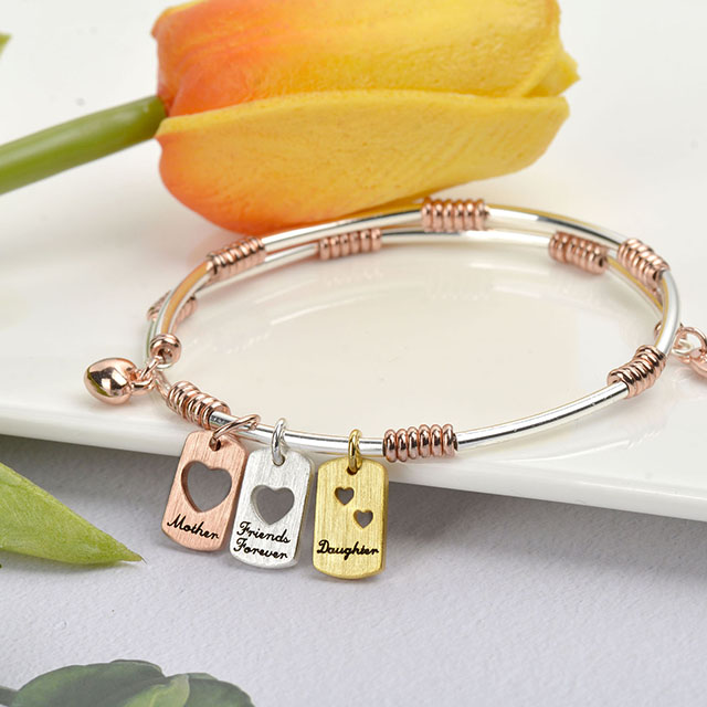 Mother Daughter Bracelets Gold Silver Plated Mother Daughter Friends Forever Bangle Bracelets with Heart Cutout Charms for Women Mother's Day Birthday Mom and Daughter Jewelry Gifts