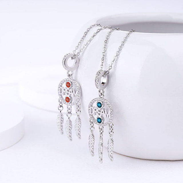 Birthstone Dream Catcher Necklace for Women Silver Plated Dainty Cubic Zirconia Necklace Feather Pendant Charm Dreamcatcher Necklaces for Women Girls Birthday Jewelry Gifts